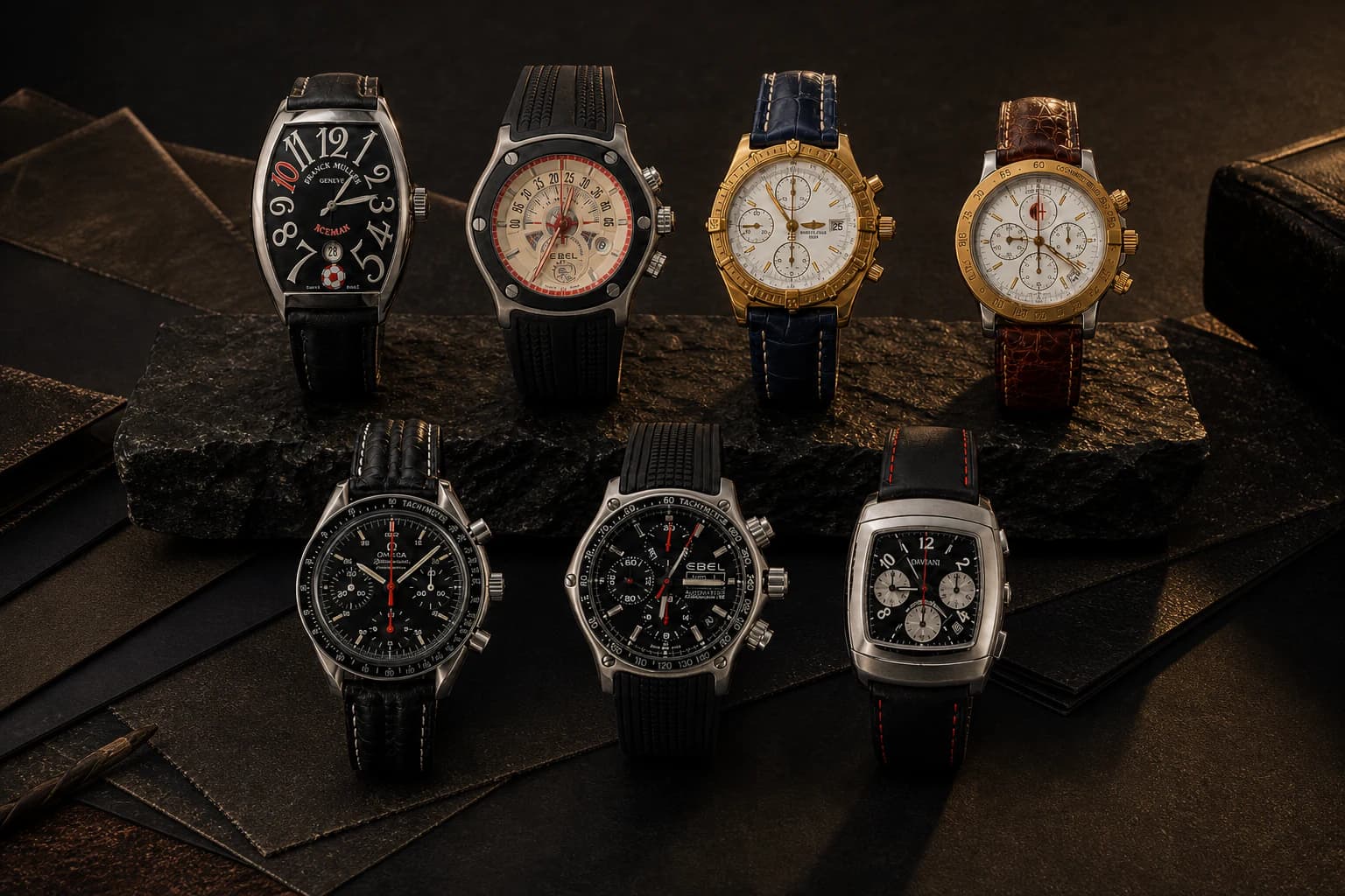 Seven luxury watches from the Marco van Basten collection arranged in a dark Runelis studio setting