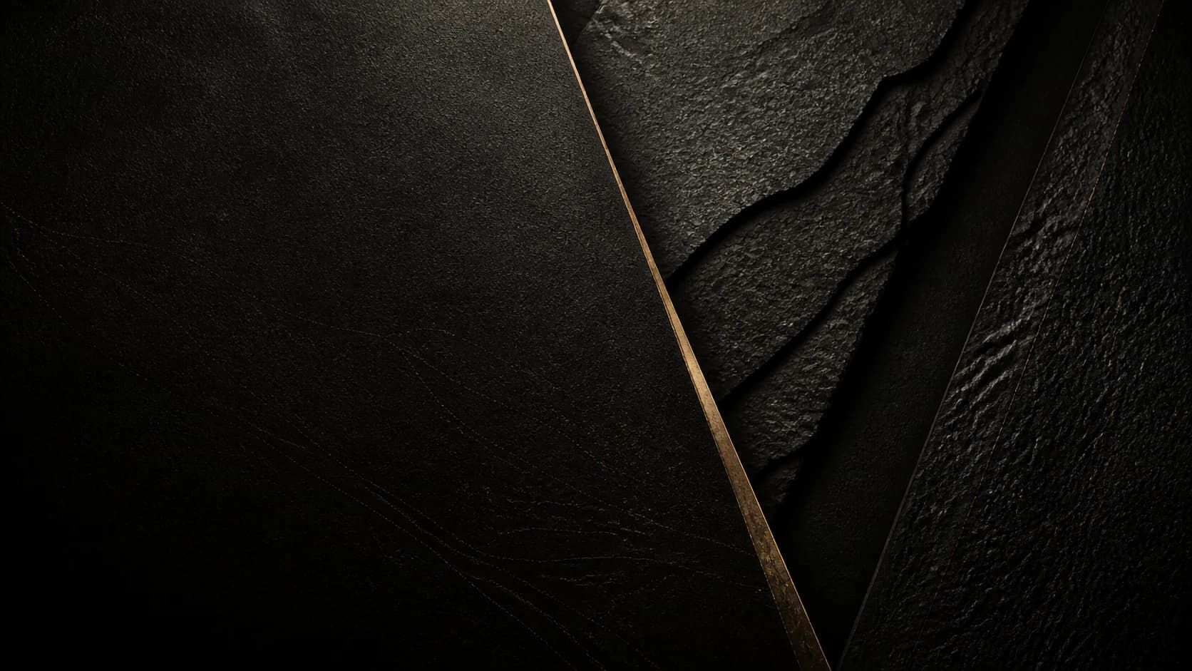 Layered black archival textures with restrained bronze details