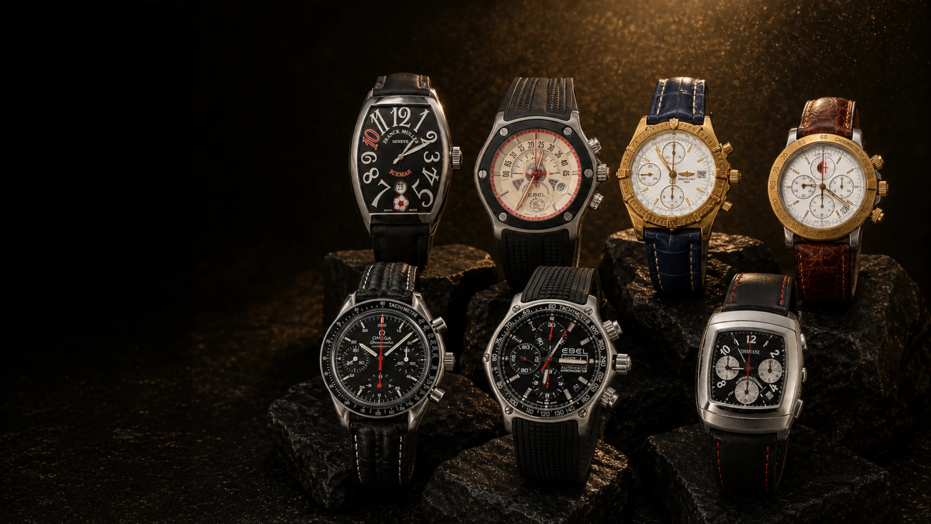 Seven luxury watches from the Marco van Basten collection arranged in a dark Runelis studio setting