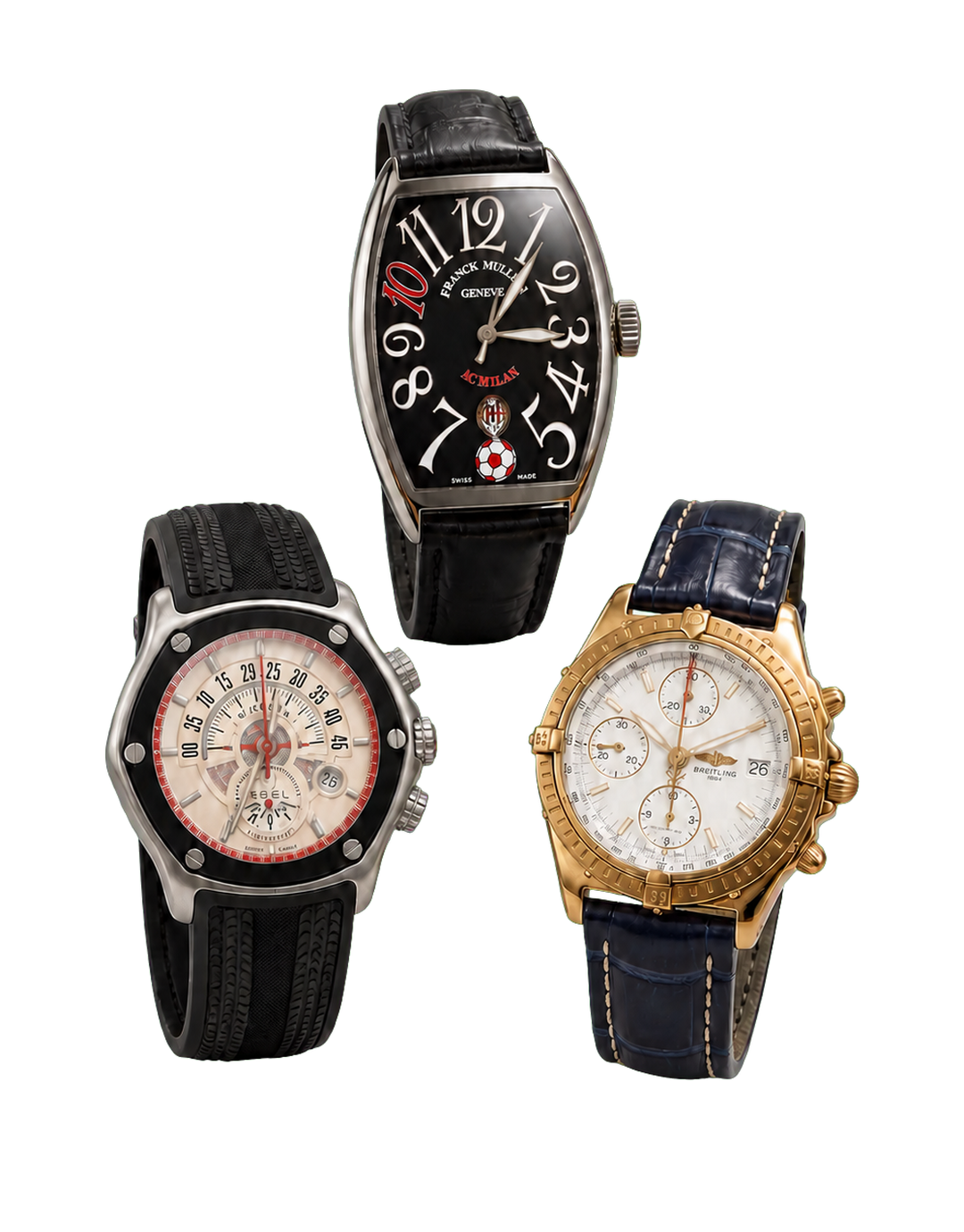 Seven luxury watches from the Marco van Basten collection arranged in a dark Runelis studio setting