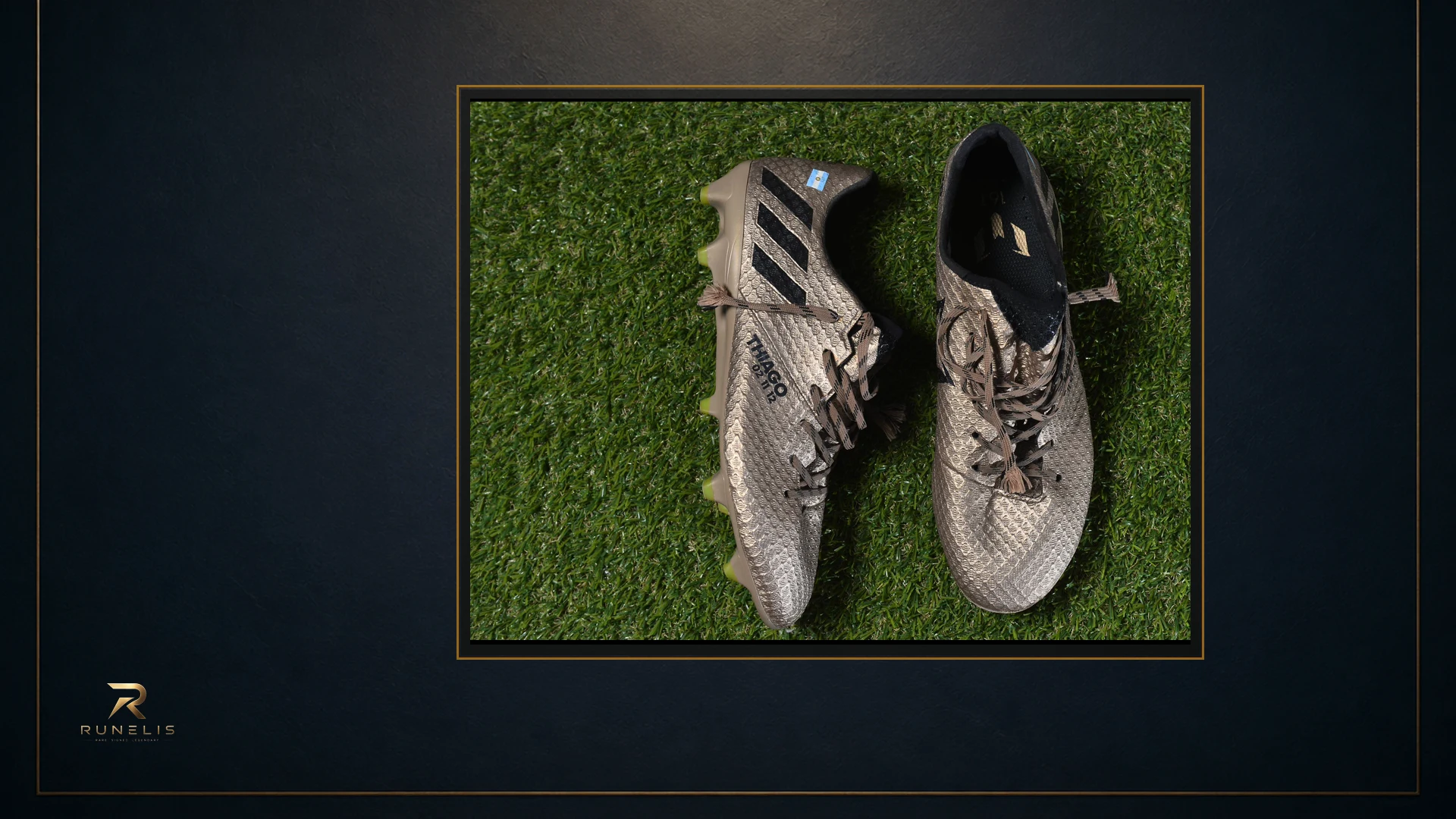 Runelis archival presentation using a source photograph of gold Adidas football boots