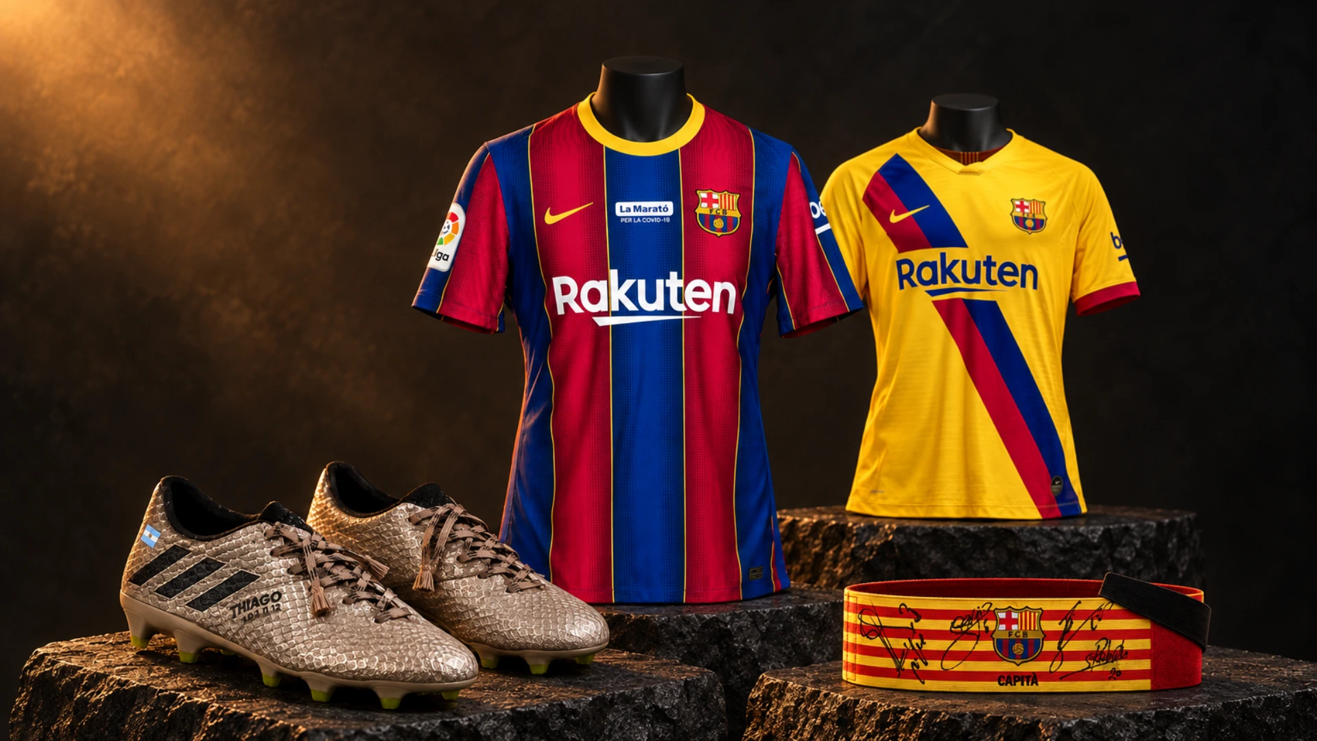 Runelis Elite presentation of four Barcelona-era collectibles on dark stone plinths