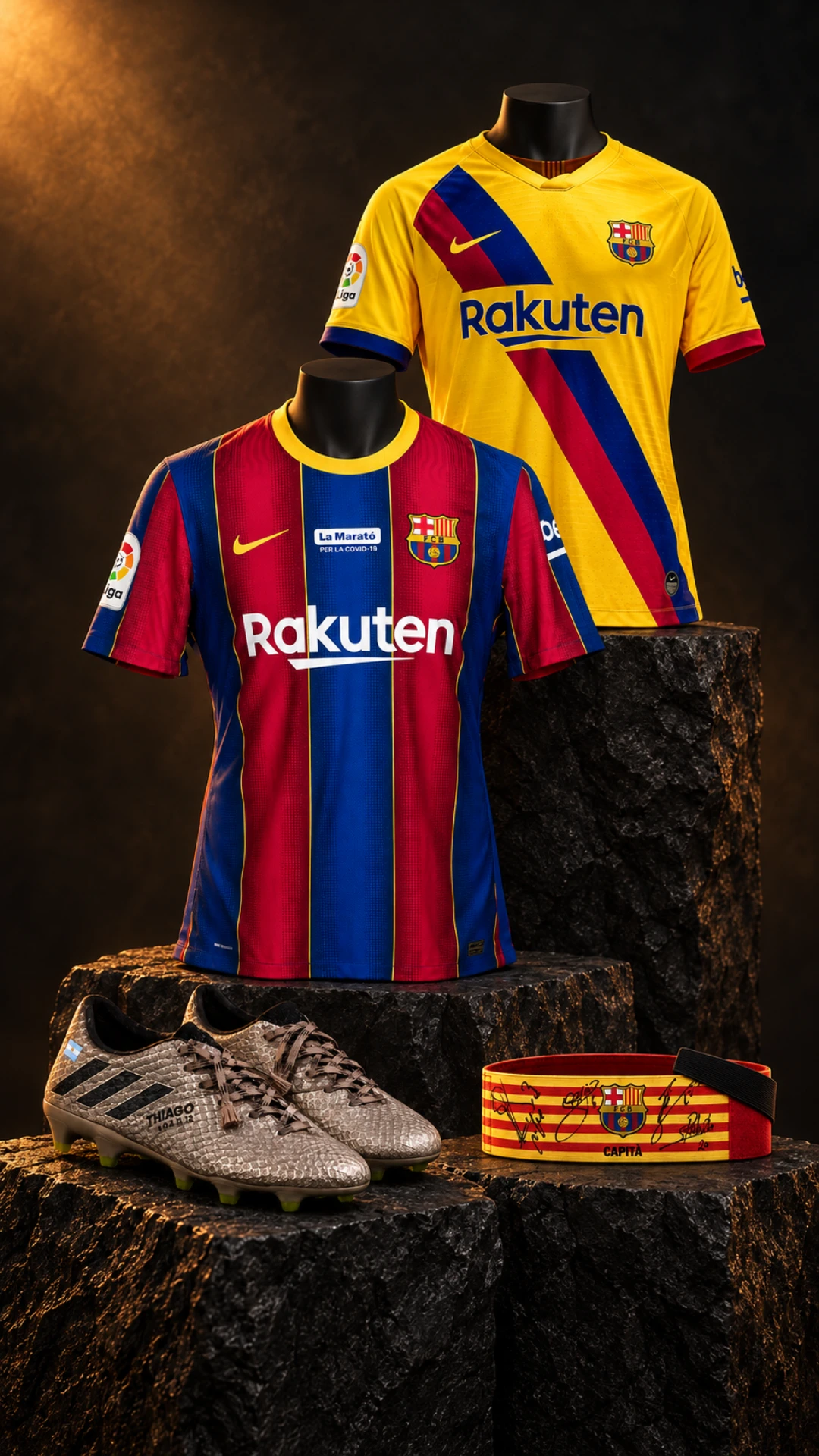 Runelis Elite presentation of four Barcelona-era collectibles on dark stone plinths